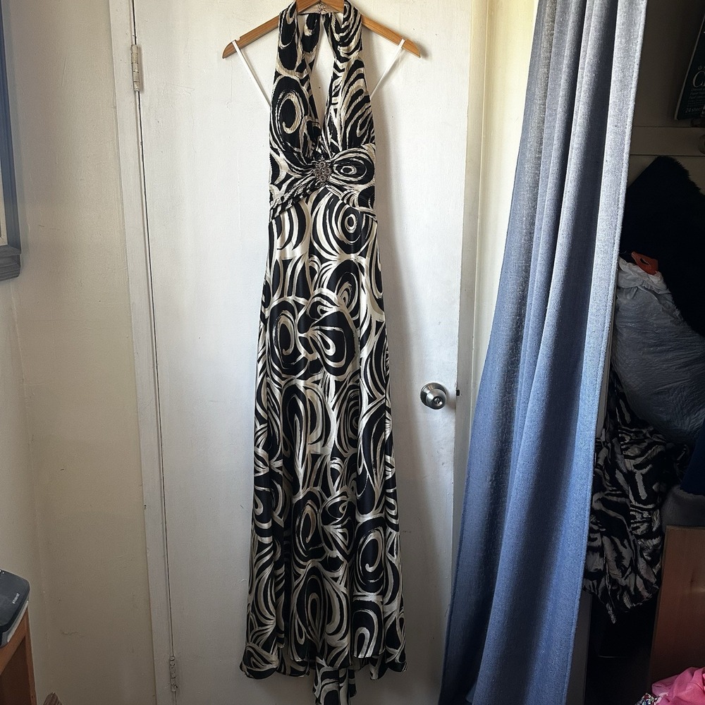 Vintage Y2K Betsy & Adam Formal Dress Black  Cream Swirl Pattern Bling Glam Sz 4